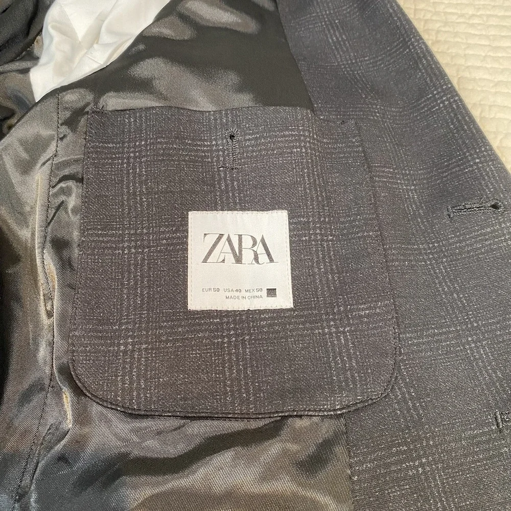 Zara Mens Gray Plaid Check Sport Coat Suit Blazer Jacket Size 40 Two Button